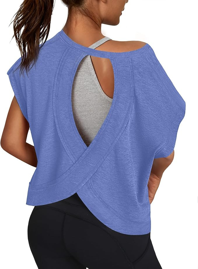 Women Open Back Workout Shirts Short Sleeve Tops Casual Yoga Y2k Athletic Gym Running Crop Tees | Amazon (US)
