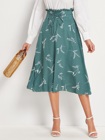 Plants Print Corset Paperbag Midi Skirt | SHEIN