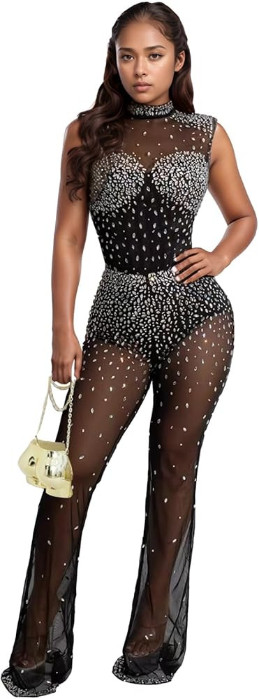 PORRCEY Women Sexy Elegant Rhinestone Mesh See Through Bodycon Jumpsuit Party Club Night Outfits ... | Amazon (US)