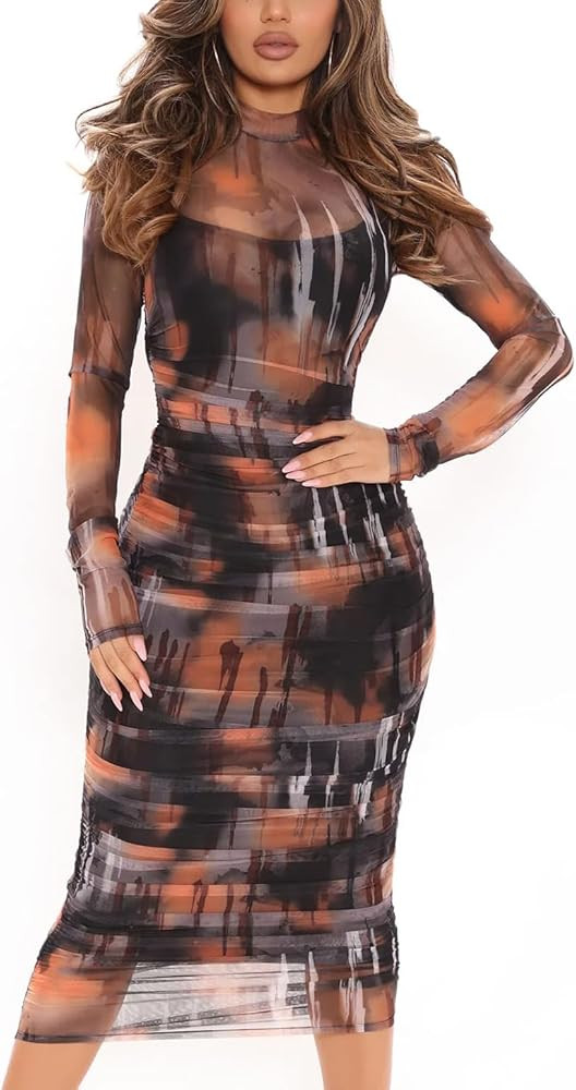 MOEENCN Sexy Long Sleeve Midi Dress for Women Sheer Mesh Printed Two Piece Skirt Set Crew Neck Se... | Amazon (US)