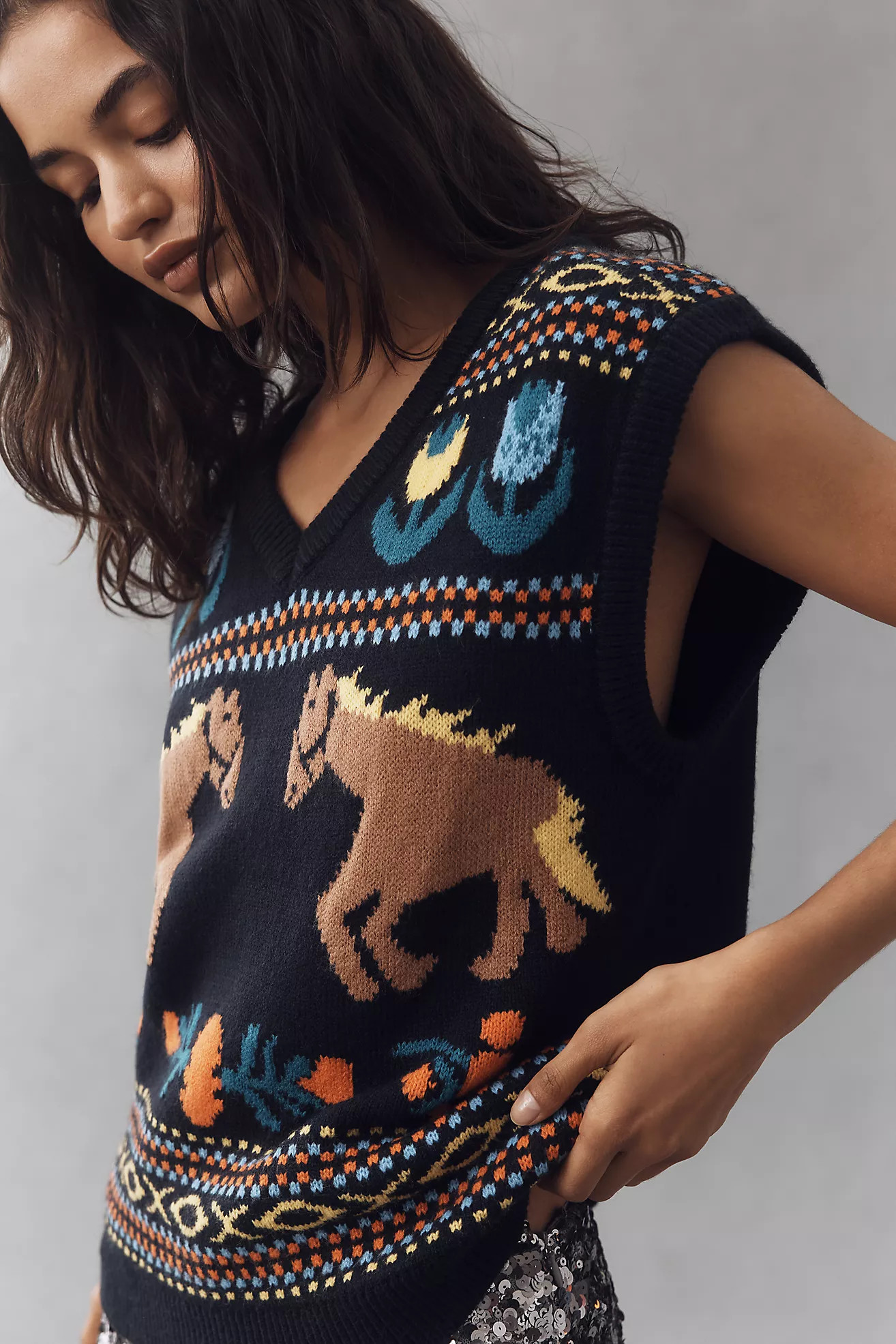 English Factory V-Neck Horse Icon Sweater Vest | Anthropologie (US)