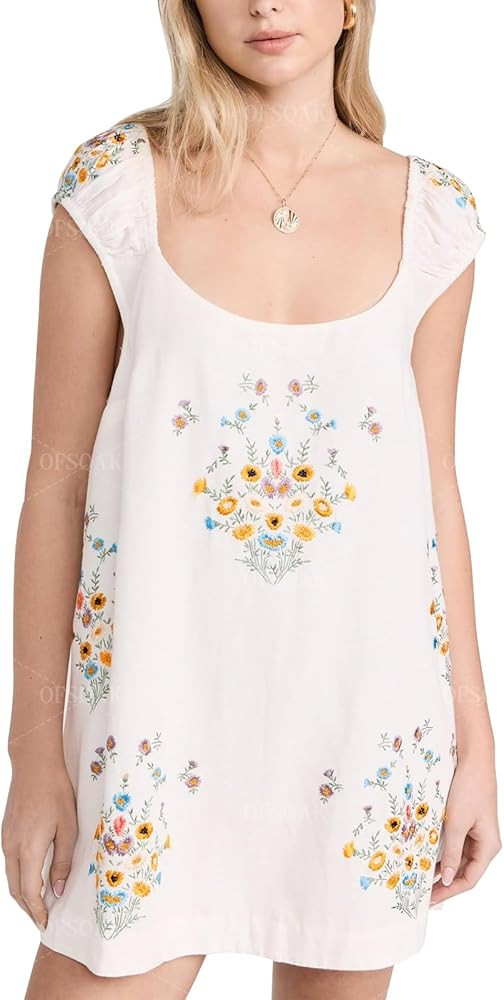 Women Floral Embroidered Linen Short Dress Boho Summer Babydoll Dress Sleeveless Cotton Beach Min... | Amazon (US)