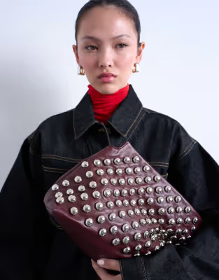 Topshop Gideon studded clutch bag in burgundy | ASOS (Global)