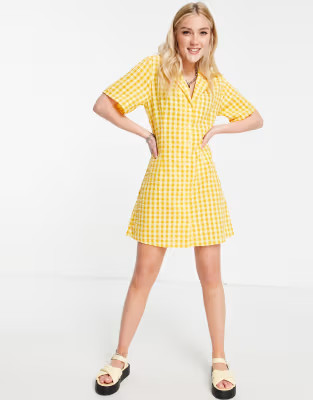 Monki Maja mini shirt dress in yellow check | ASOS (Global)