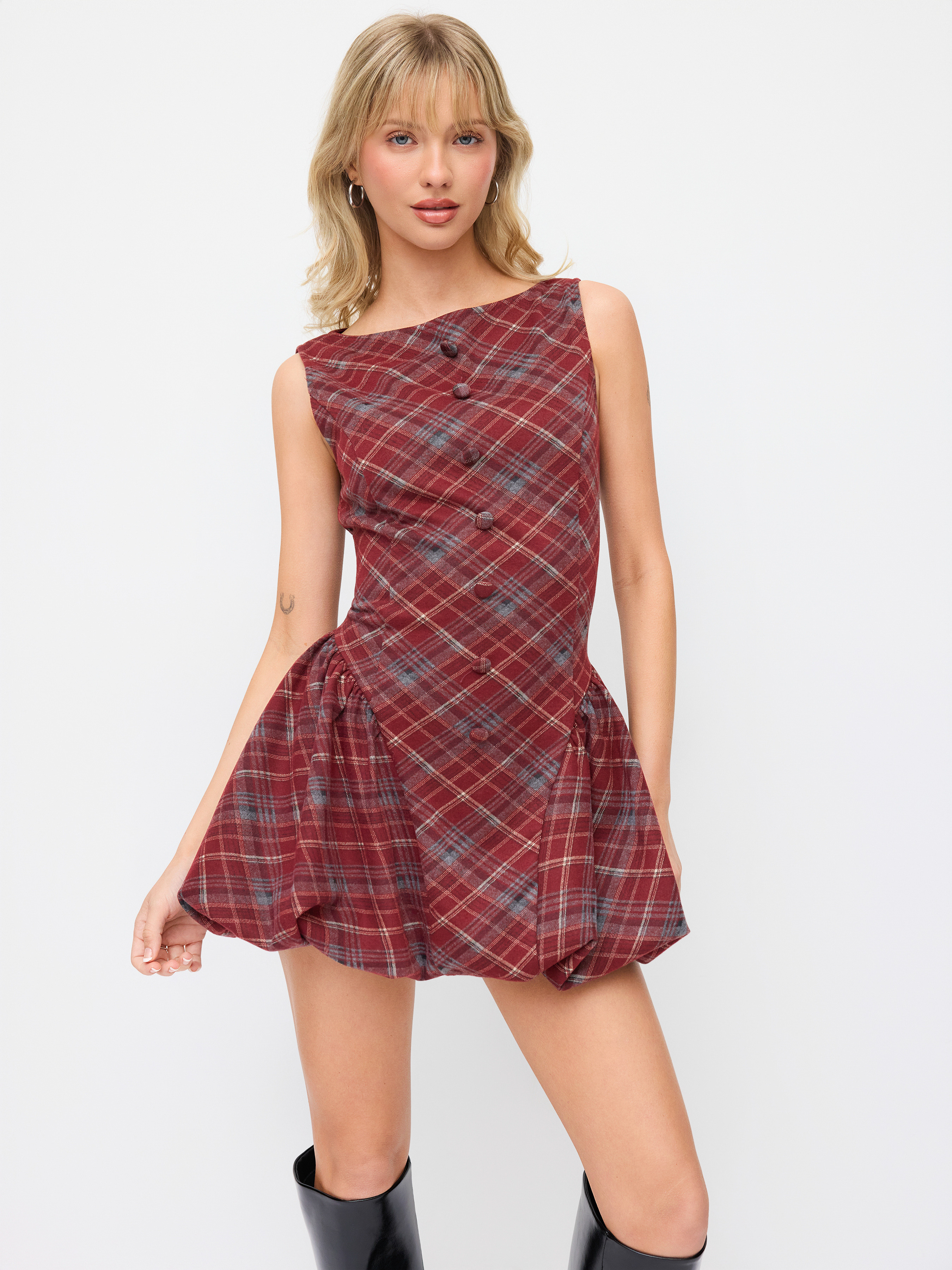 Knit Fabric Wool-look Boat Neck Tartan Plaid Bubble Hem Mini Dress For Daily Casual | Cider