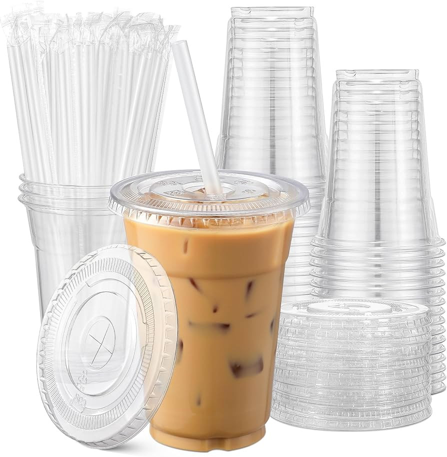AOZITA [100 Sets] 20 oz Clear Plastic Cups With Lids and Straws, Disposable Cups With Lids for Ic... | Amazon (US)