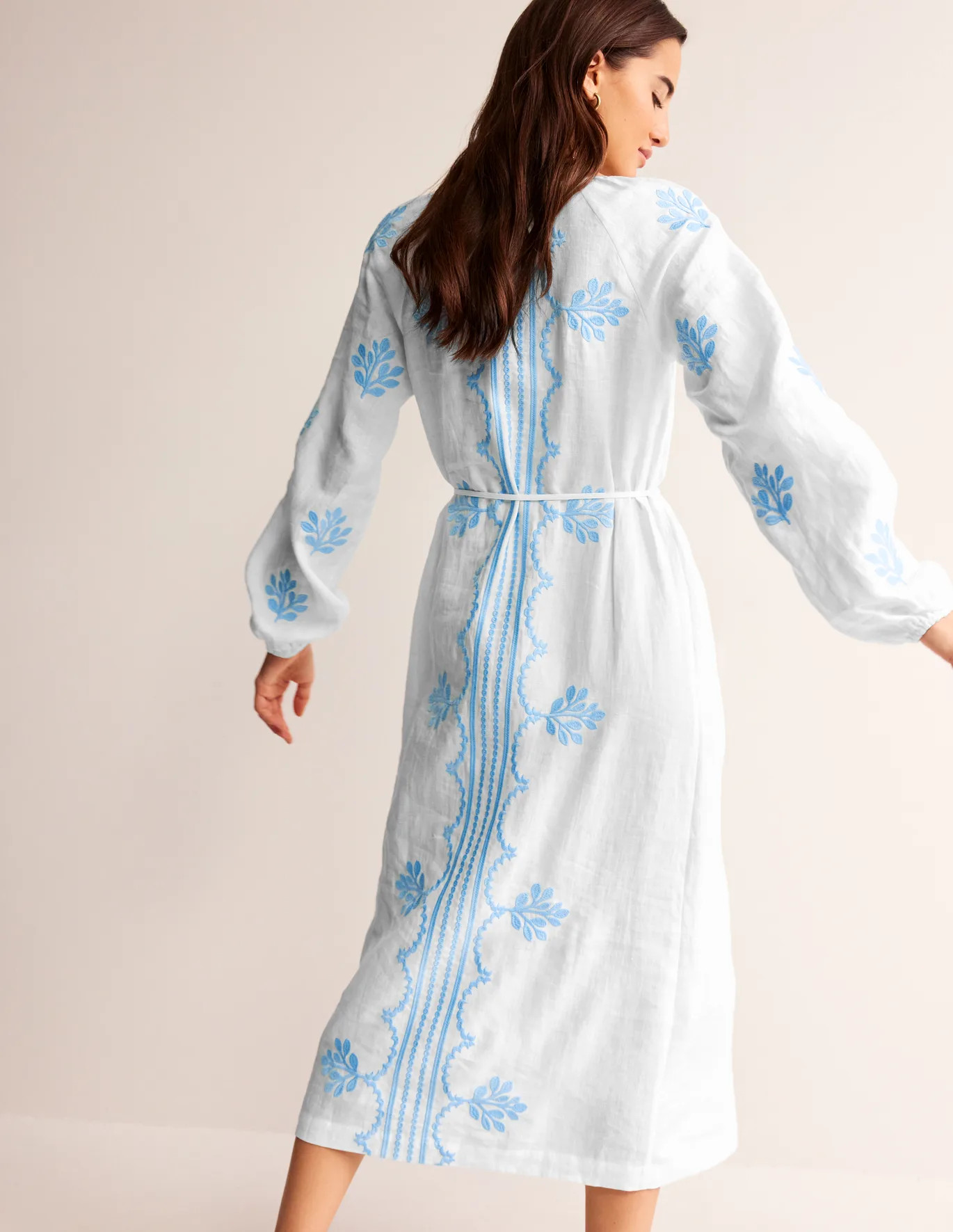 Embroidered Belted Linen Dress - White | Boden US | Boden (US)
