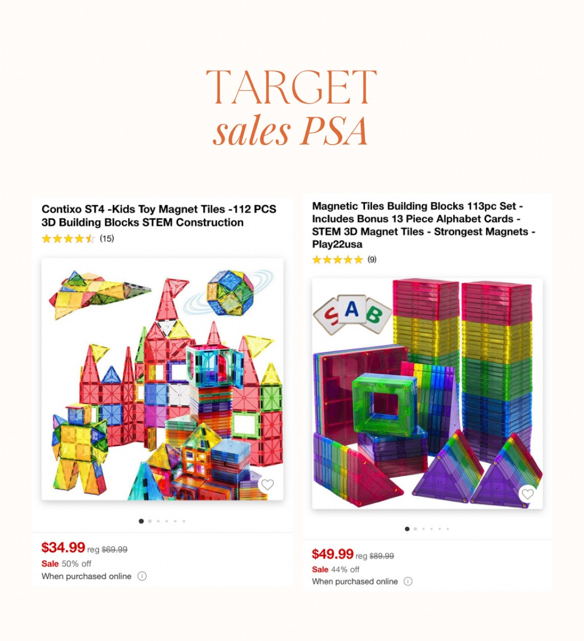 I've been looking at gifts for bdays coming up and finding some good sales out there! Obviously not the MagnaTiles brand but if you're looking for some.. here ya go for 50% off!!
