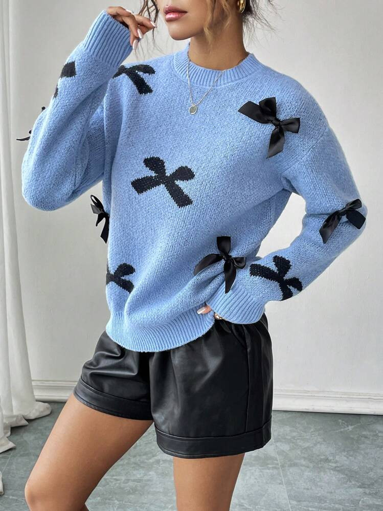 SHEIN Relaxiva Suéter de cuello redondo tejido jacquard con decoración de lazos para el Día de... | SHEIN