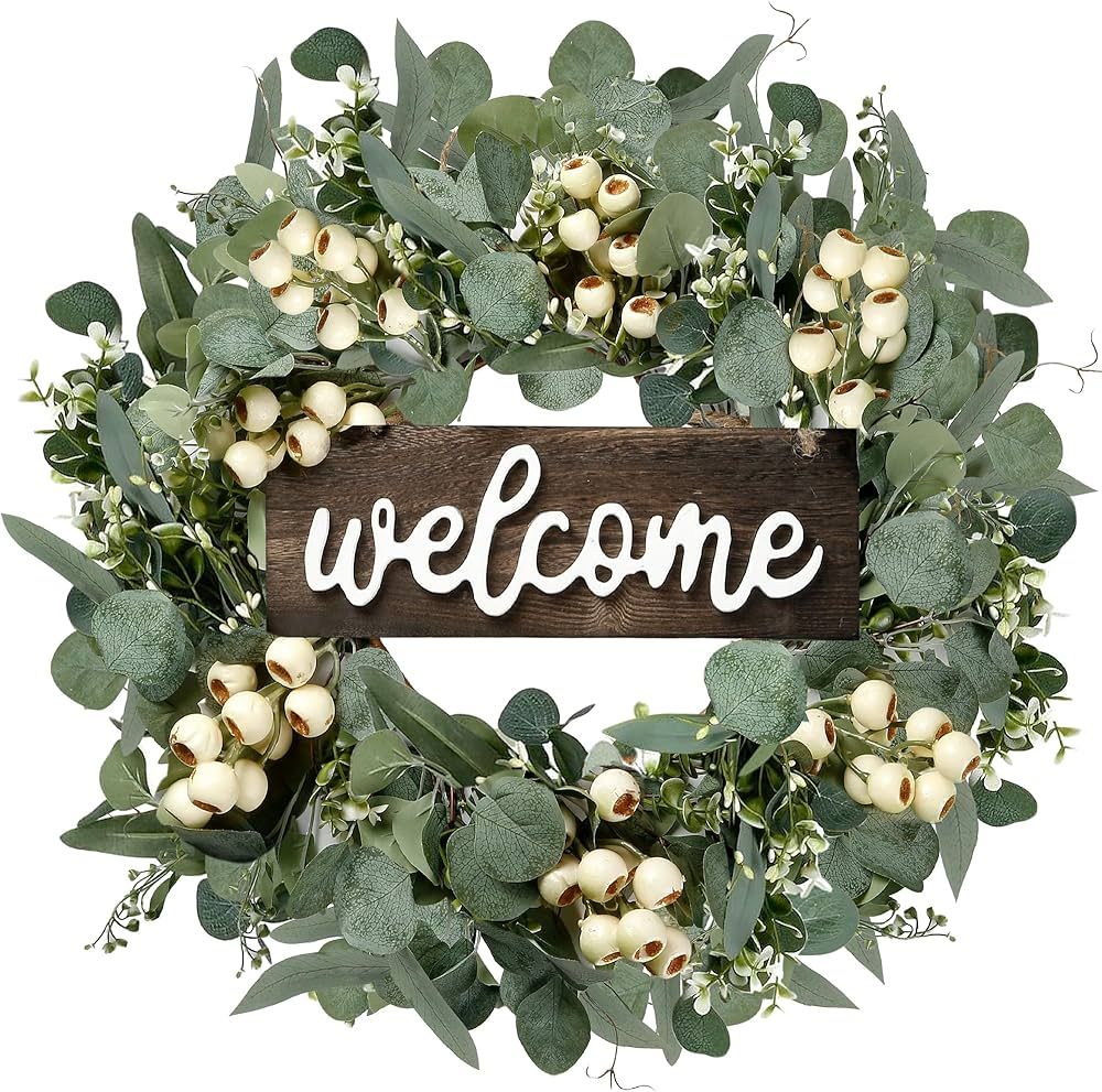 Sggvecsy Green Artificial Eucalyptus Wreath with Welcome Sign 20in Spring Summer Wreath with White Berries for Front Door Wall Window Festival Porch Farmhouse Patio Garden Decor | Amazon (US)
