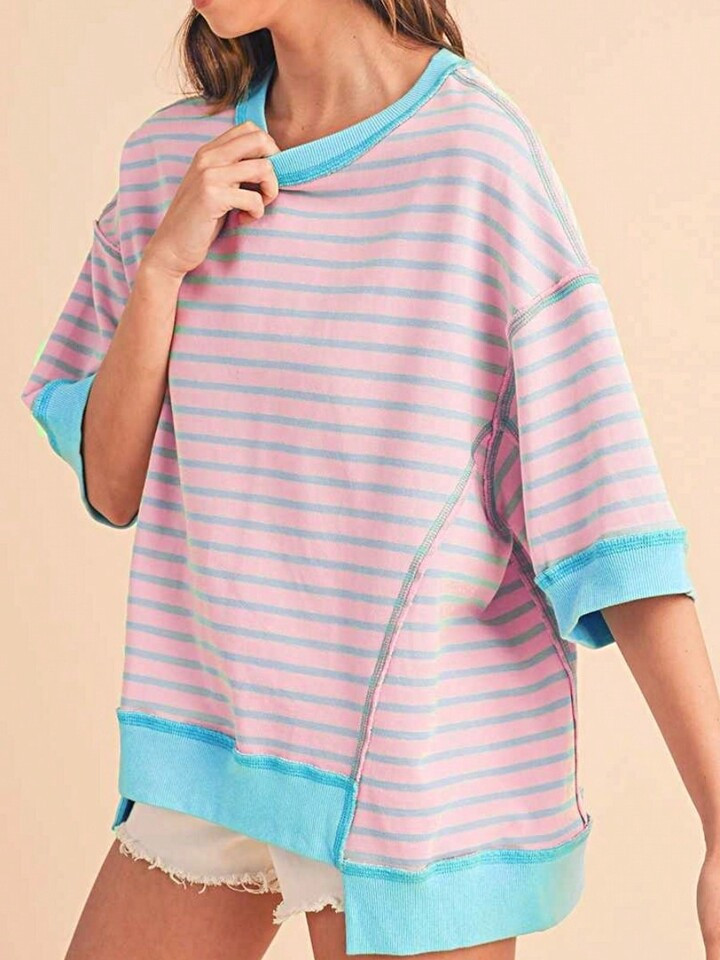 Boho Retro 90's Cotton Mix  Drop Shoulder Pink Mint Stripe Color Block Oversized Dolman T Shirt T... | SHEIN