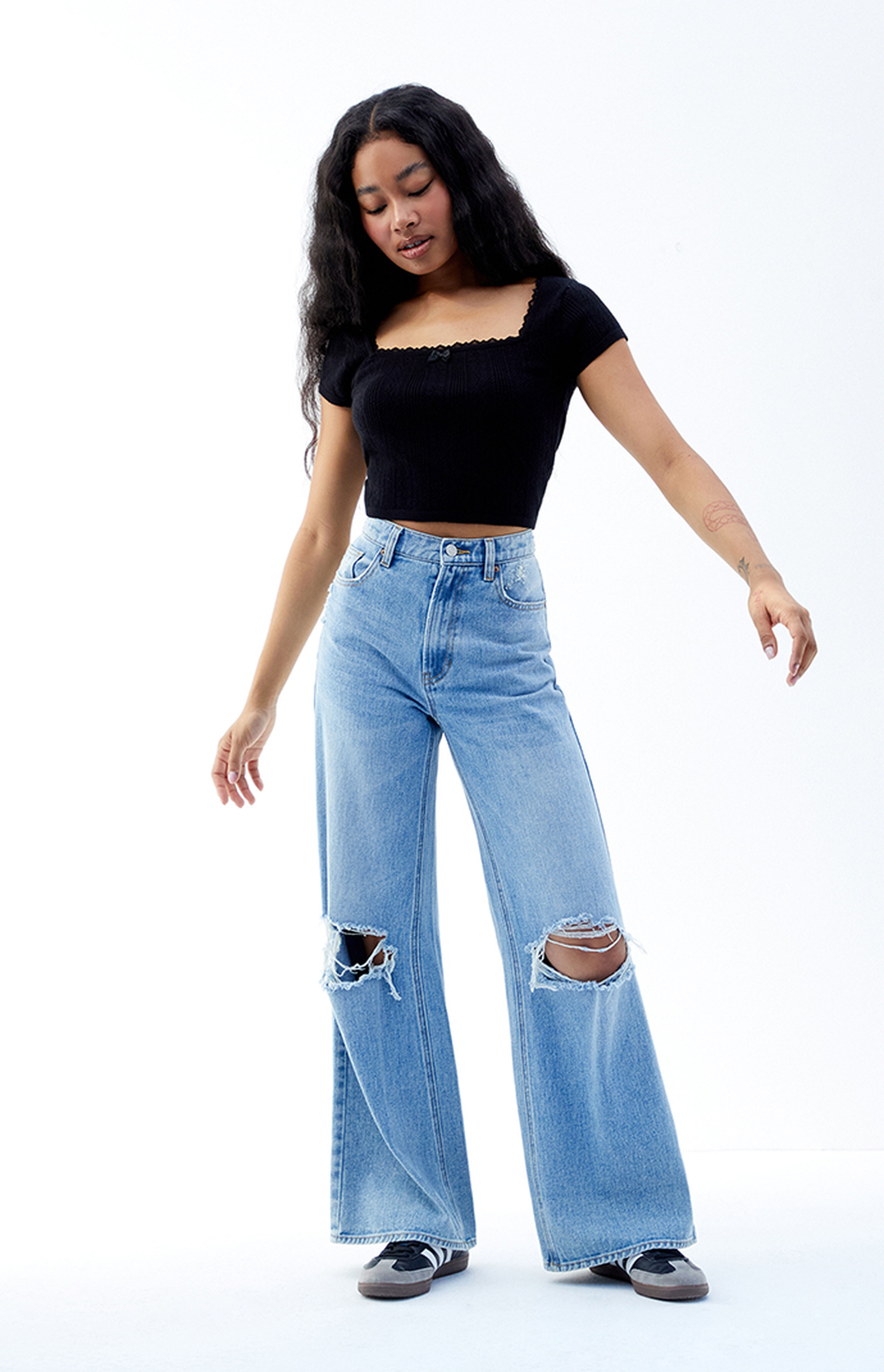 PacSun Light Indigo Ripped Wide Leg Jeans | PacSun