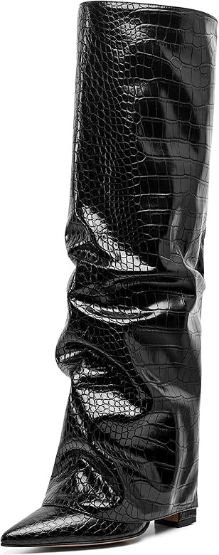 SaraIris Women's Slouchy Boots Black Boots Knee High Boots Pointed Toe Boots Fold Over Boots Chun... | Amazon (US)