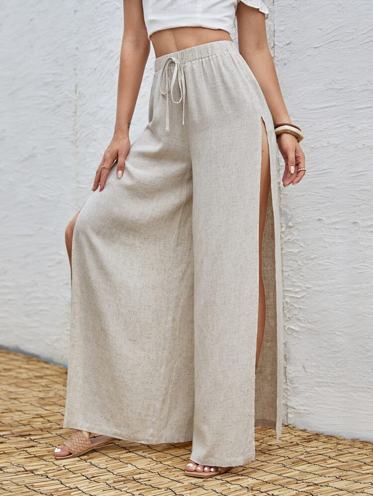 SHEIN VCAY Tie Waist Split Thigh Wide Leg Pants | SHEIN
