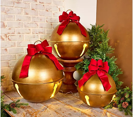 Kringle Express Set of 3 Oversized Lit Bells with Bows | QVC