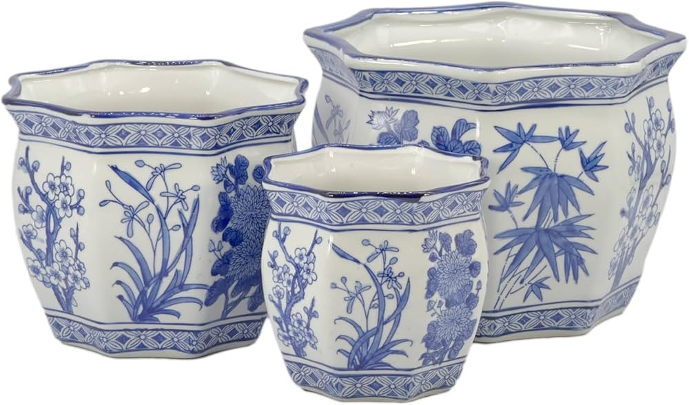Galt International Blue & White Round Fluted Floral Palm Lotus Porcelain Ceramic Plant Flower Pla... | Amazon (US)