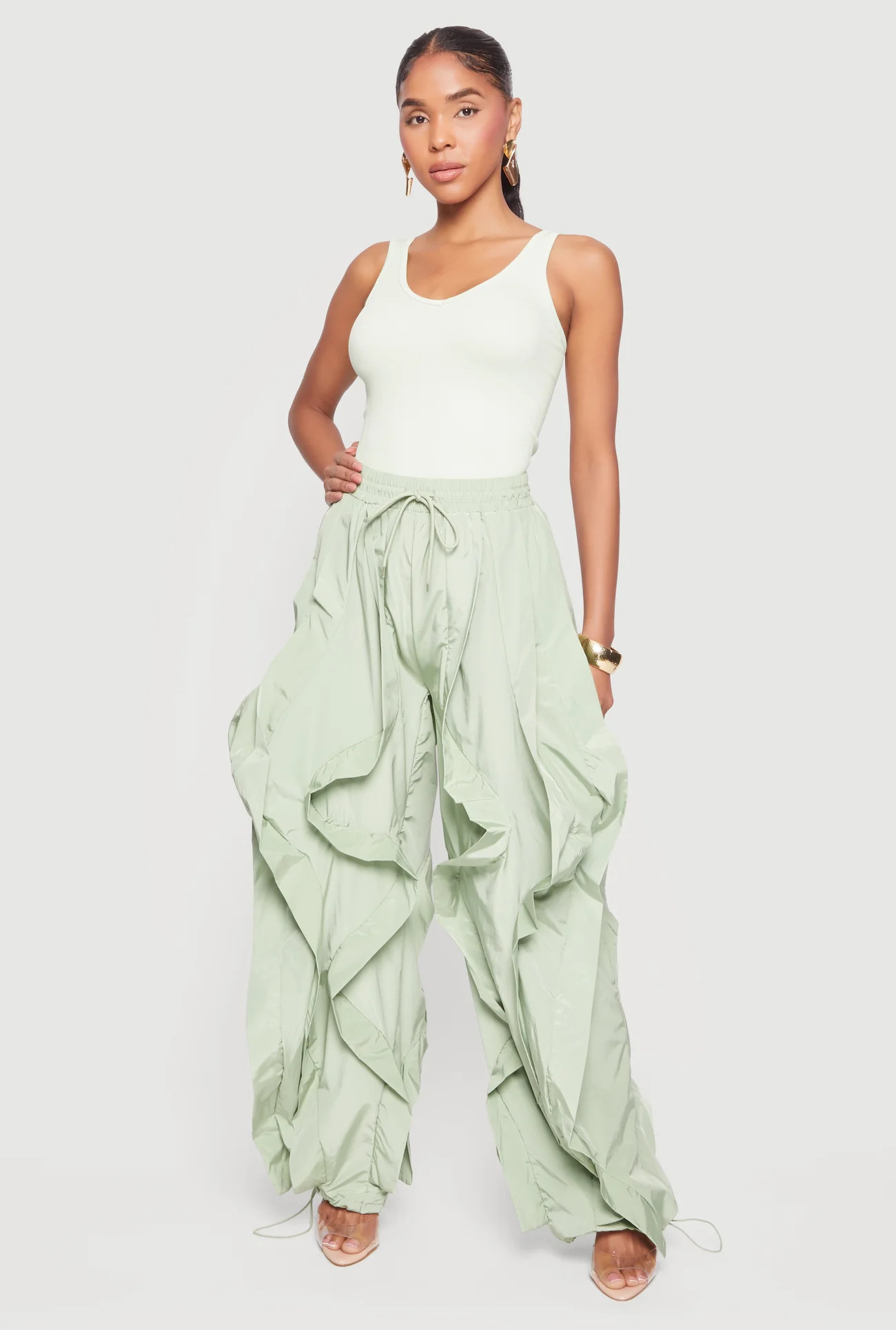 Drawstring Waist Ruffle Parachute Pants | Rainbow Shops