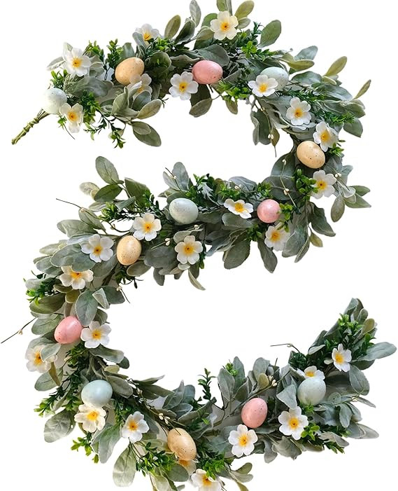 5.9 Feet Easter Eggs Wild Flowers Garland Wreath for Front Door, Spring Green Leaves Garland for ... | Amazon (US)