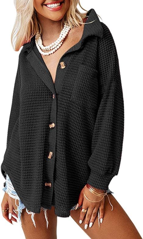 Dokotoo Womens Waffle Knit Shacket Jacket Casual Long Sleeve Button Down Shirts Dressy Blouses Tops | Amazon (US)