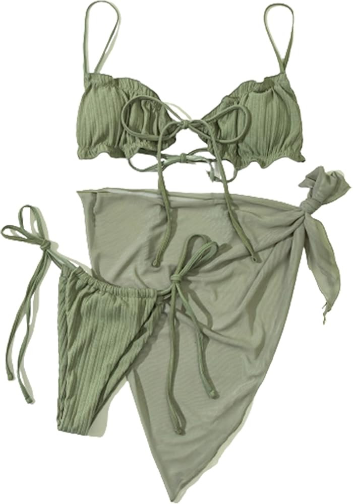 SOLY HUX Women's Zebra Print Triangle Bikini Bathing Suits with Beach Skirt 3 Piece Swimsuits | Amazon (US)