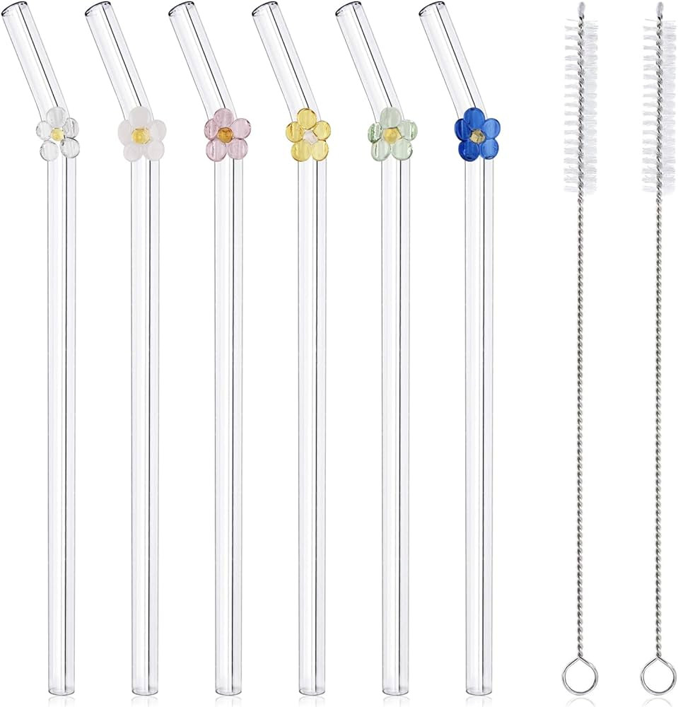 6 Pcs Reusable Glass Straws with 2 Cleaning Brushes, Cute Colorful Flower Glass Straw Shatter Res... | Amazon (US)