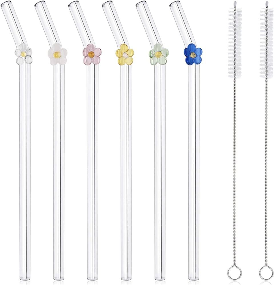 6 Pcs Reusable Glass Straws with 2 Cleaning Brushes, Cute Colorful Flower Glass Straws Shatter Re... | Amazon (US)