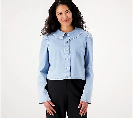 Girl With Curves Peter Pan Collar Denim Jacket - QVC.com | QVC