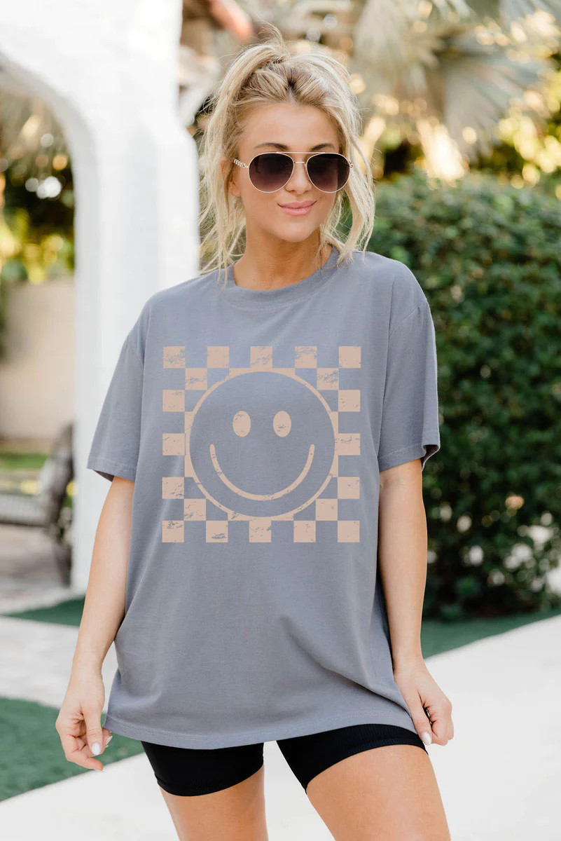 Cream Checkered Smiley Grey Oversized Graphic Tee | Pink Lily