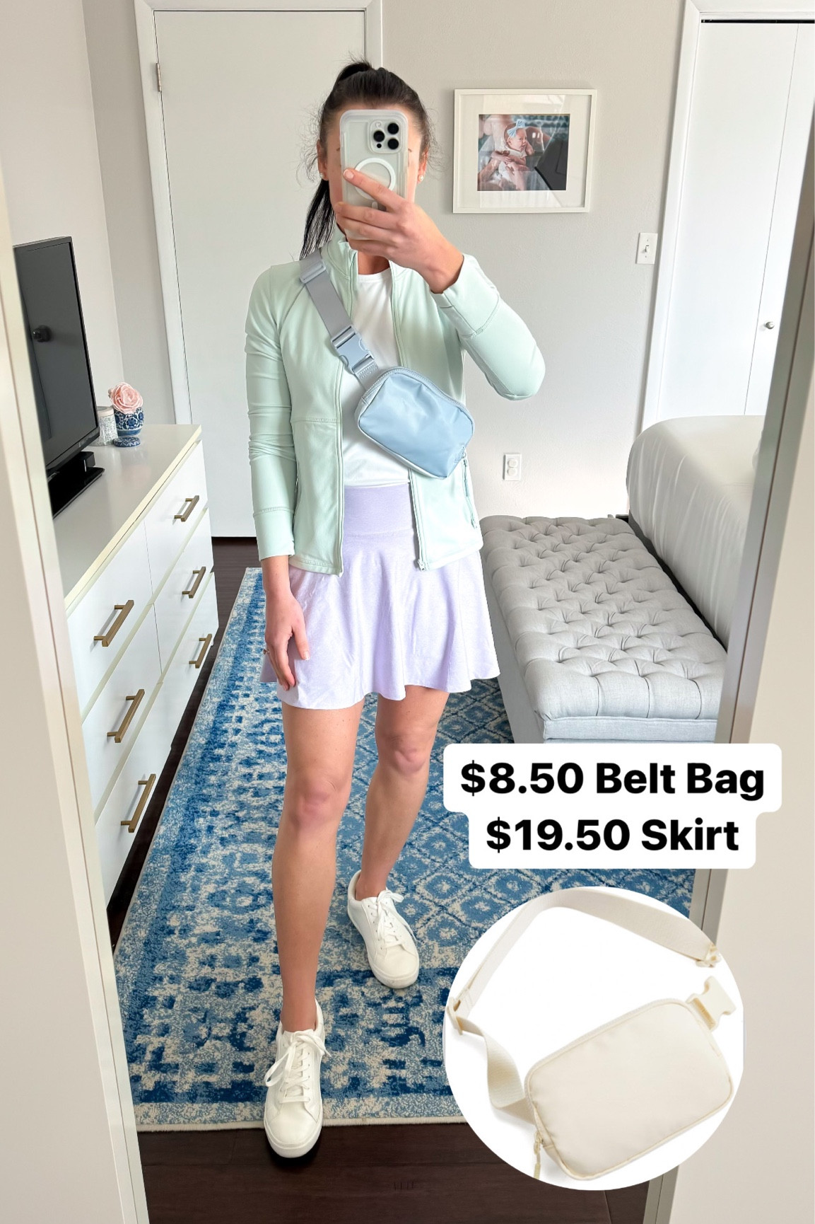 Belt bag on sale for $8.50 and tennis skirt on sale for $19.50!!

I might be the last person to jump on the belt bag trend, but I have finally bought one! I considered the Lululemon, but opted for this look alike since I’m not sure how often I’ll use it, and I really love it! I’m super impressed with the quality. 2 inside pockets, plus a back pocket, straps are very comfy. I bought in two colors, this dusty blue and soft ivory, but there are tons of options! 

Paired with my favorite white active top, a mint green zip-up jacket, my favorite white sneakers, and this lavender active skort, which happens to be on sale for only $19.59!

Sizing:
White active top fits TTS, wearing a S.
Tennis skirt runs a little small (in my opinion), I sized up to a M for comfort and length.
Sneakers fit TTS. I’m between sizes and I sized up, they fit great. 

Casual style, activewear outfit, comfy, athleisure wear, mom style, sale alert, affordable, Target style, Amazon fashion, Old Navy 

#LTKsalealert #LTKfindsunder50 #LTKSeasonal
