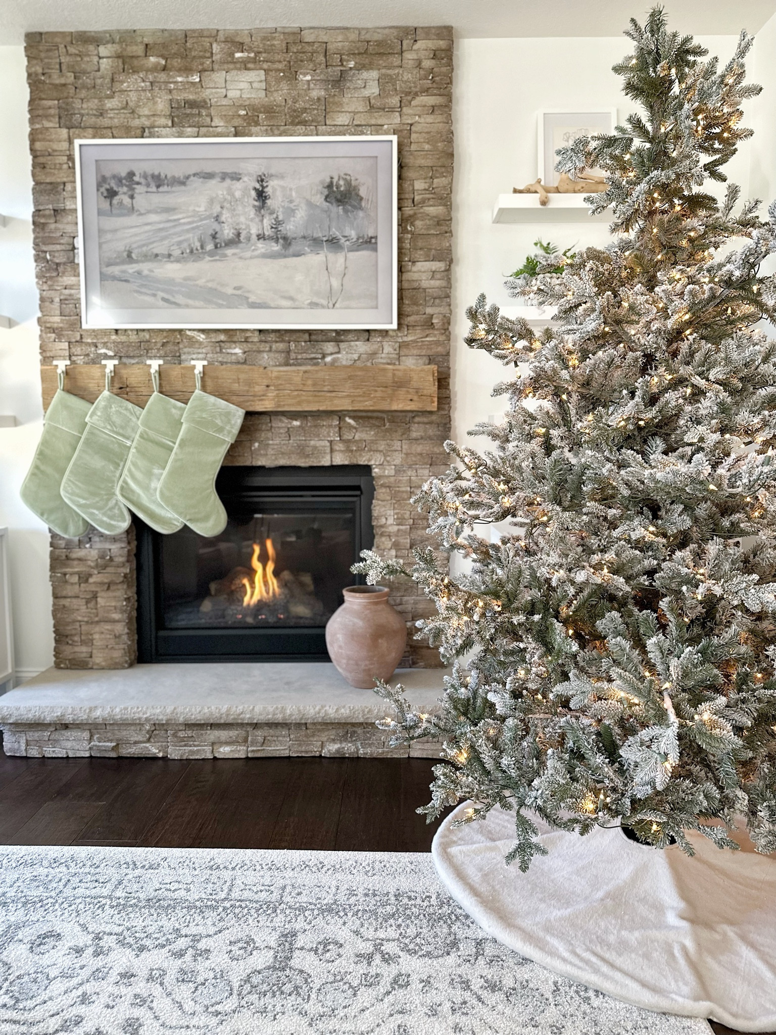 Flocked aspen pine Christmas tree. Seafoam velvet stockings  

#LTKSeasonal #LTKhome