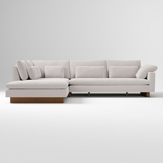 Harmony XL 2.5-Seat Bench 2-Piece Left Bumper Chaise Sctl, Deluxe Linen Frost Gray, Dark Walnut | West Elm (US)