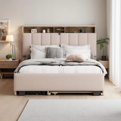 Upholstered Platform Bed With Storage Headboard, Trundle & 2 Drawers And A Set Of Sockets & USB Ports, Linen Fabric | Wayfair North America