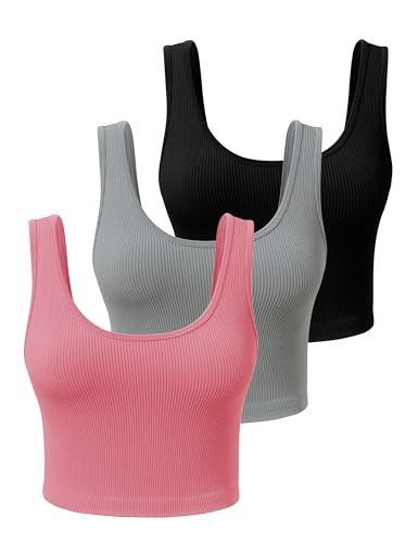 SPRIMEMONG Women's Ribbed Crop Tank Yoga Cropped Top for Workout(Black,Grey,Rose Quartz,L) | Amazon (US)