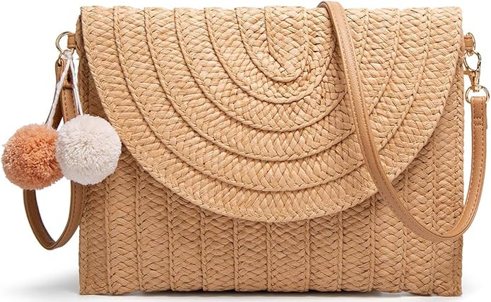 Straw Clutch Women Hand-woven PomPom Crossbody Bag Summer Beach Envelope Purse Wallet | Amazon (US)
