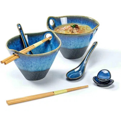 20 OZ Ramen Bowls Set, Ceramic Japanese Noodle Bowls Set Of 2, Porcelain Deep Salad Bowl With Chopsticks For Udon, Reactive Glaze, Microwave Safe (Blu | Wayfair North America