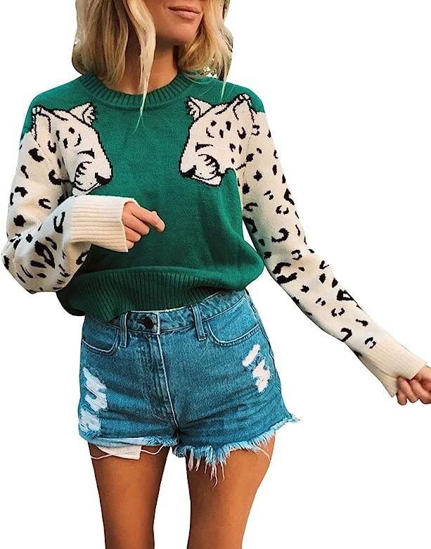 Women's Leopard Sleeve Sweater Long Sleeve Crew Neck Knitted Pullover Sweater | Amazon (US)