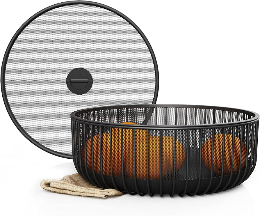 Metal Fruit Bowl with Mesh Lid and Basket - Fruit and Vegetable Holder For Kitchen Counter - Coun... | Amazon (US)