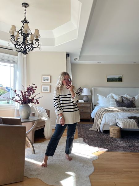 Stripes are trending this season and I am here for it! Love this striped sweater with these black mom jeans. 

Bedroom, bed, jeans, striped sweater, upholstered bed, area rug, chair, throw blanket, fall outfit, fall home, fall outfits, work outfit, travel outfit, side table, bedroom bench, 

#LTKmidsize #LTKHoliday #LTKhome