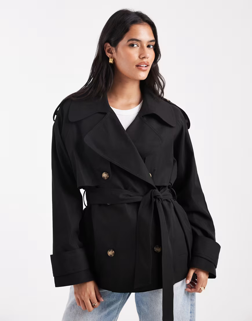ASOS DESIGN oversized short trench coat with belt in black | ASOS (Global)