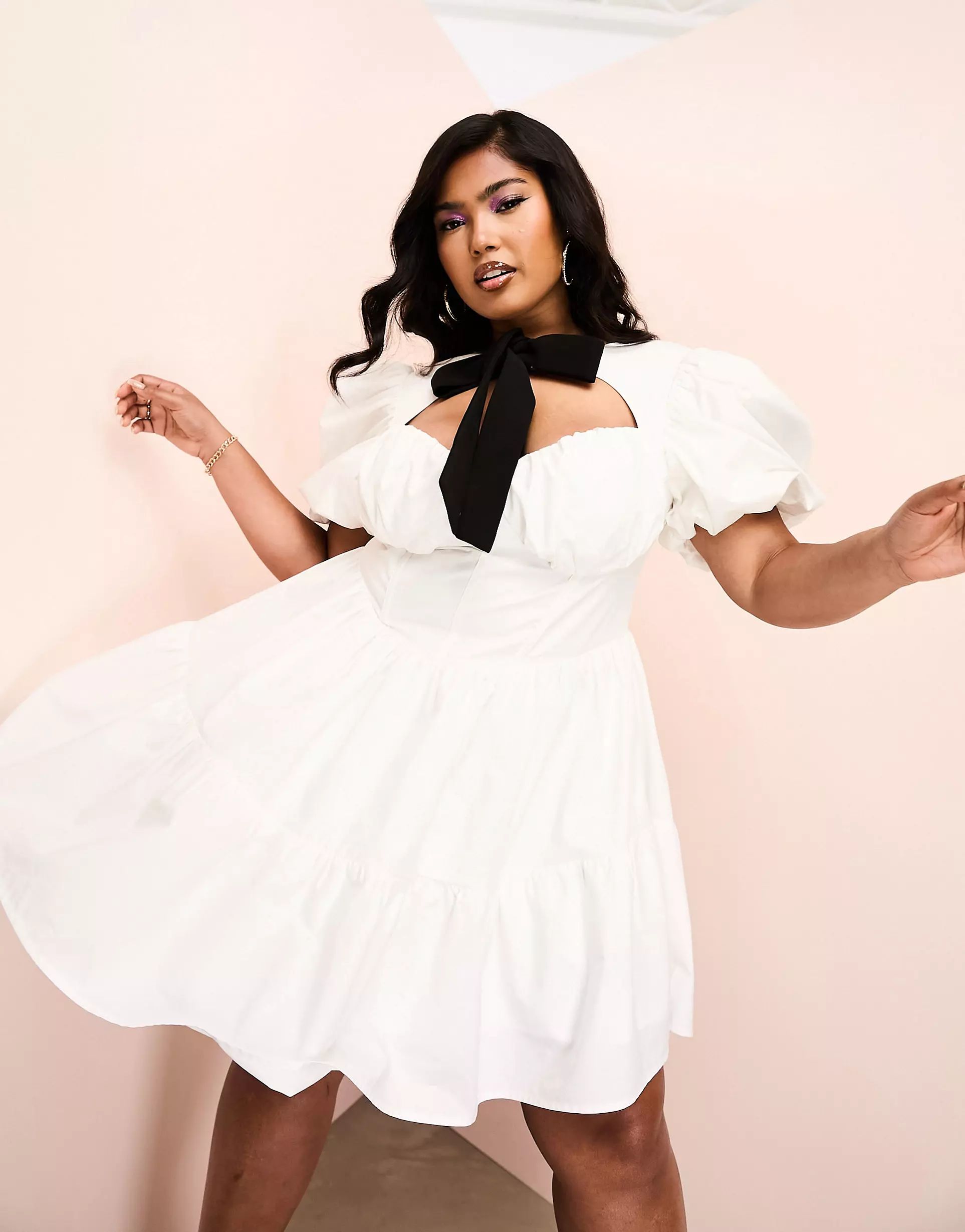 ASOS LUXE Curve corseted cotton poplin mini dress with contrast velvet pussybow and puff sleeve i... | ASOS (Global)