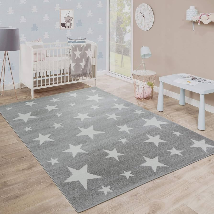 Paco Home Modern Kids Rug Star Design Children's Room Grey White, Size: 3'11" Round | Amazon (US)