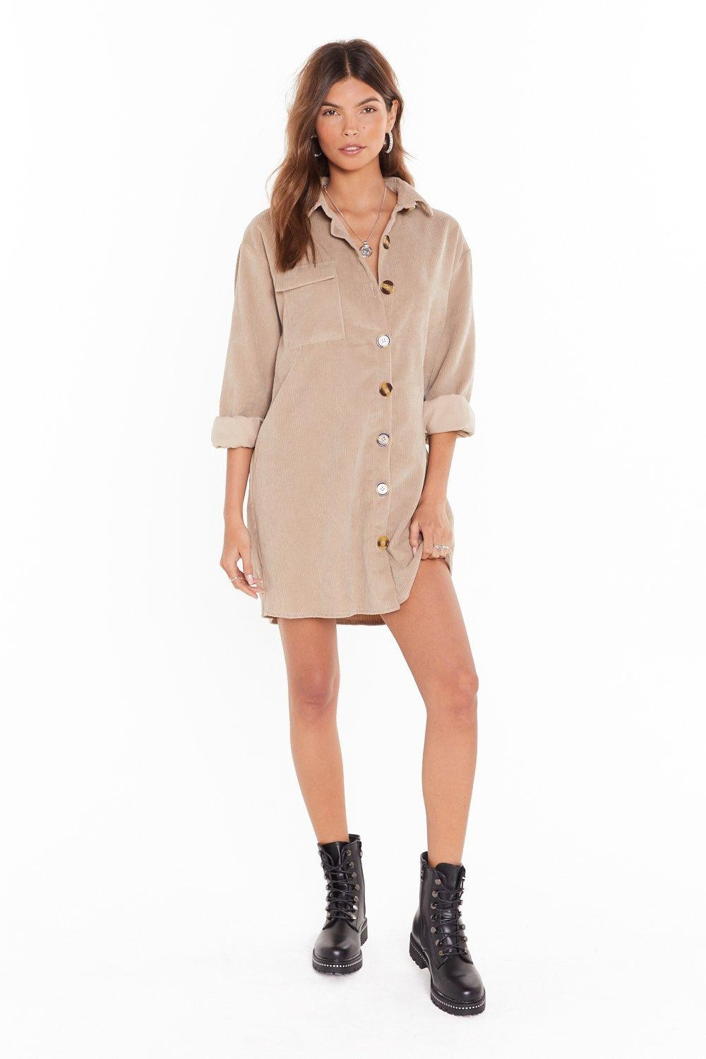Womens Button Down Corduroy Shirt with Balloon Sleeves - Stone | NastyGal (US & CA)