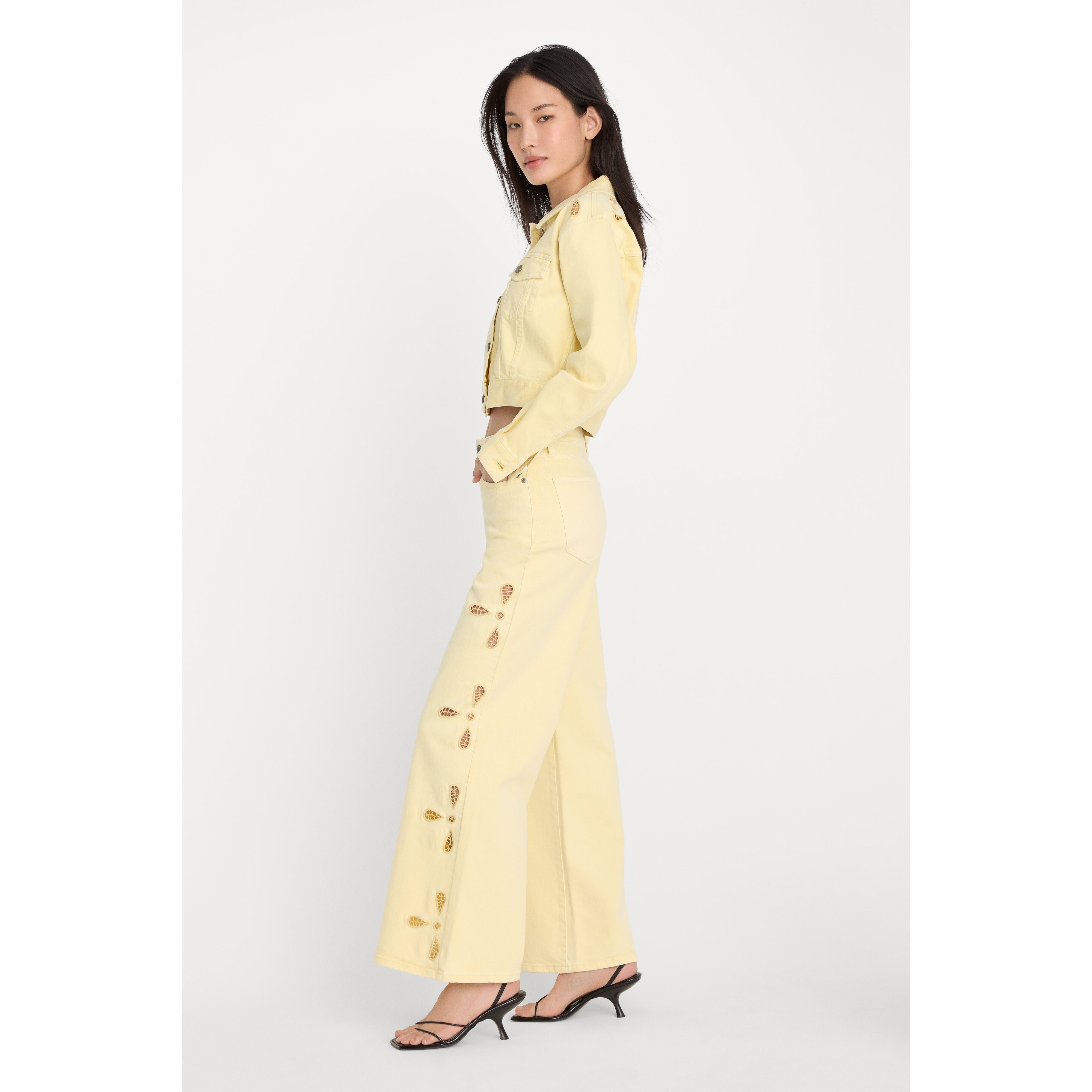 Women's Good Waist Palazzo Ankle Embroidered Jeans | Flat Tummy Tech, Gap-Proof Waistband | Anise Yellow, Size 2 | Good American | Good American
