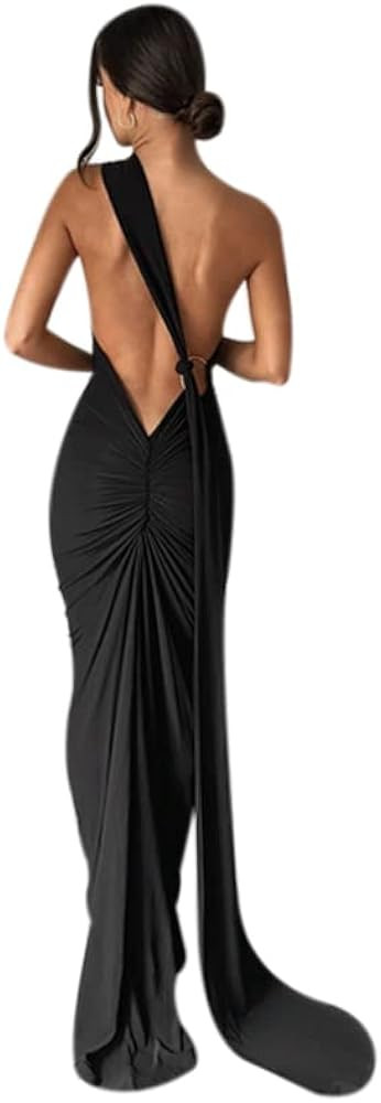 Women's Sexy Oblique Shoulder Backless Maxi Dress Ruched Back Strap Sleeveless Party Club Long Dr... | Amazon (US)