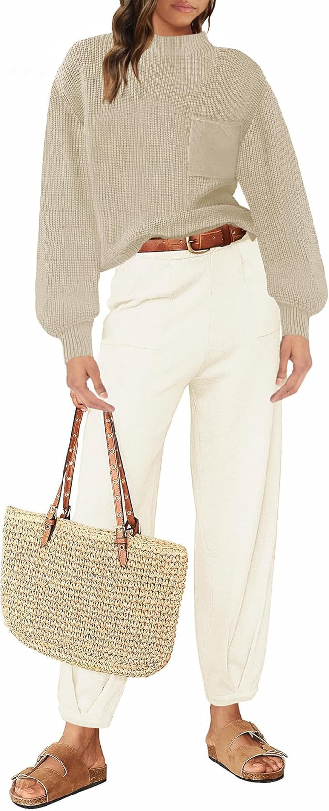 ZESICA Women's 2 Piece Outfits Sweater Set Long Sleeve Mock Neck Knit Pullover Top High Waist Pan... | Amazon (US)