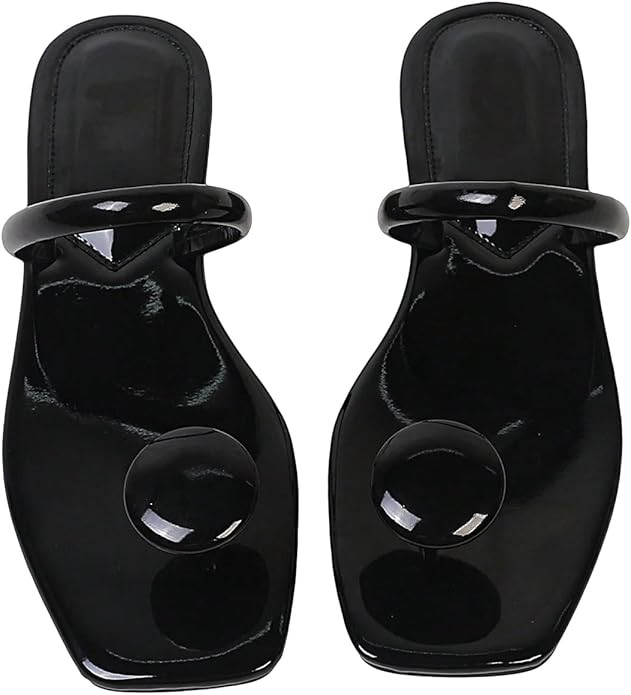 SweatyRocks Women's PU Leather Open Square Toe Thong Sandals Round Decor Outdoor Flat Sandals | Amazon (US)