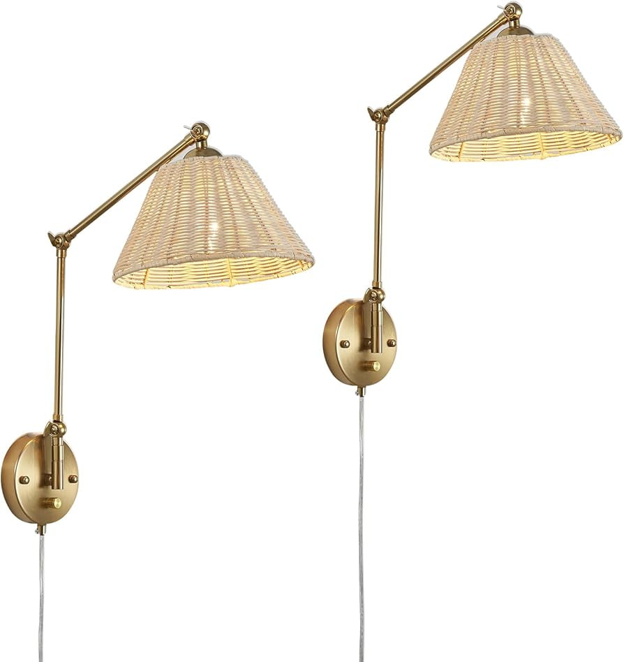 2 Pack Hand Woven Rattan Gold Wall Sconces, Dimmable Plug in Wall Sconces Wall Lighting with Swin... | Amazon (US)