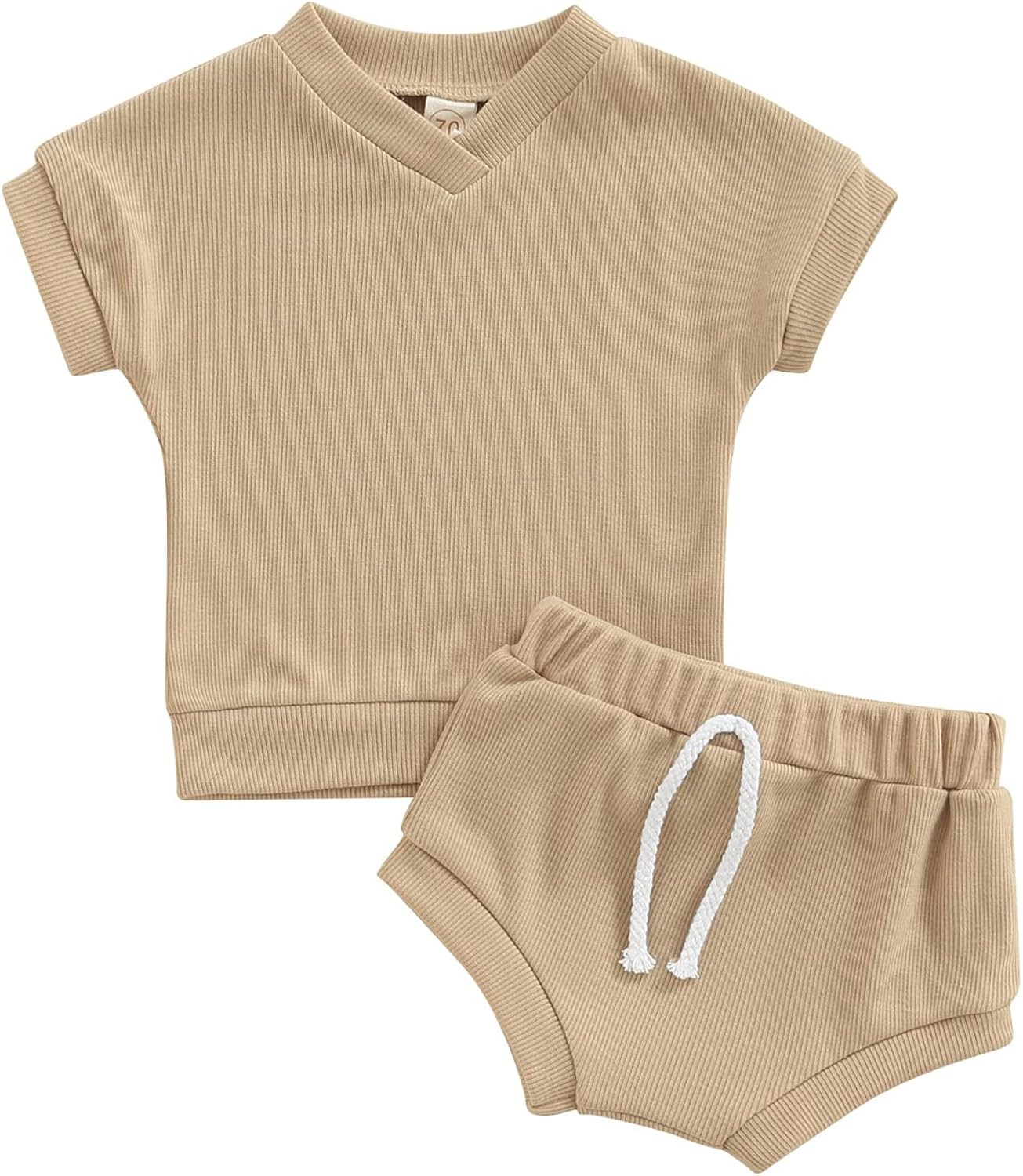 Baby Girls Boys Summer Clothes Solid Color V-Neck Short Sleeve T-Shirt Tops Drawstring Shorts Set | Amazon (US)