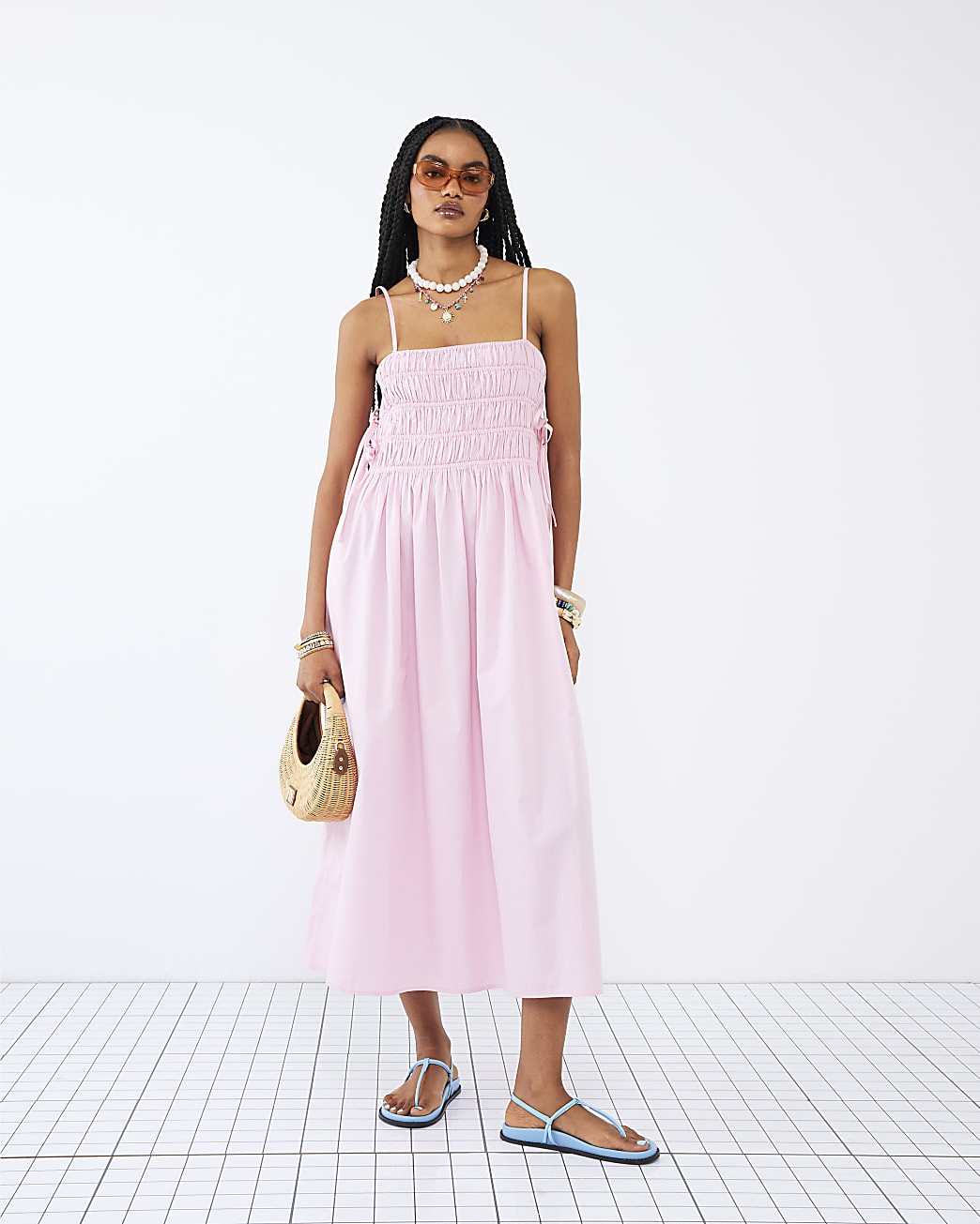 Pink Strappy Shirred Midi Dress | River Island UK & IE