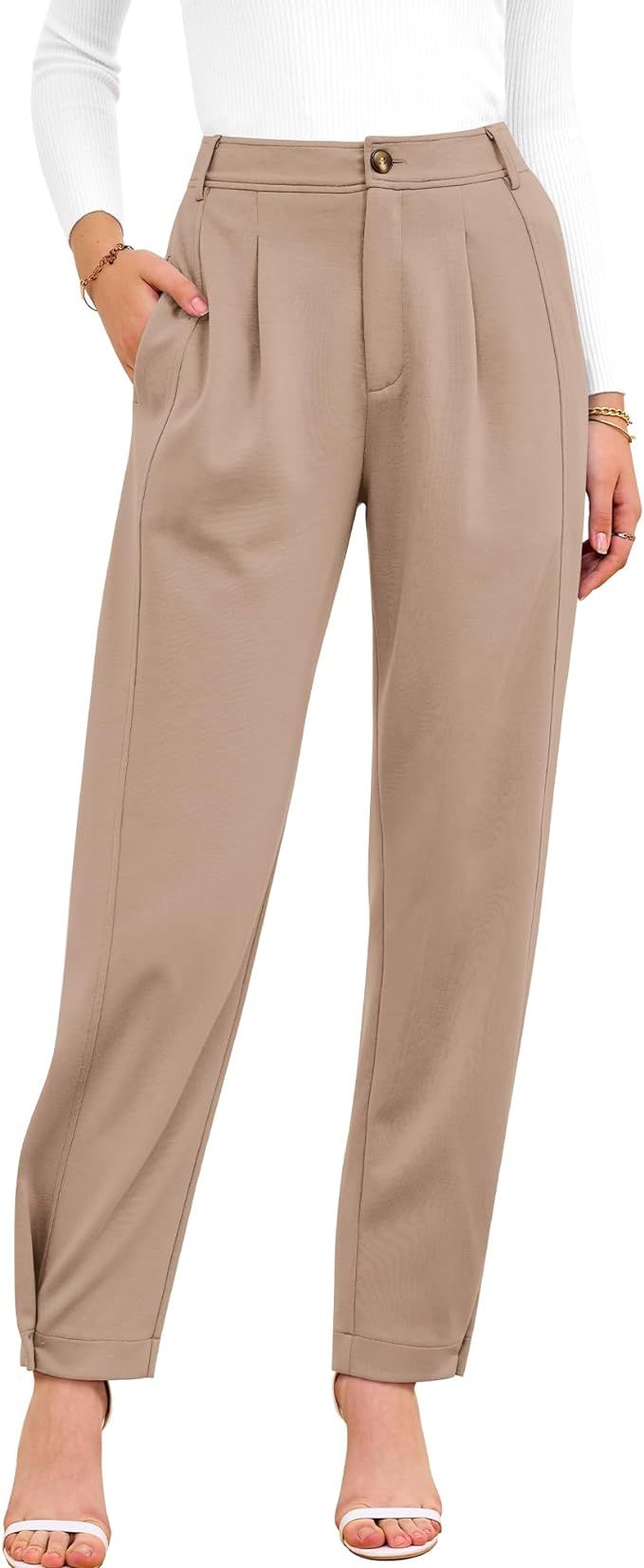 BTFBM Women's 2024 Casual Button Down Pants Elastic High Waist Business Work Trousers Long Straig... | Amazon (US)